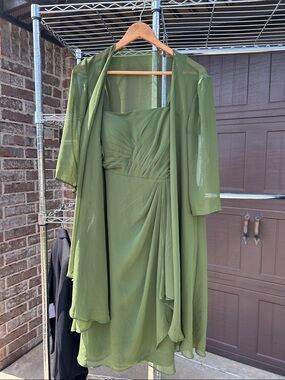 Azazie Olive Green Chiffon Midi Dress with Sheer Jacket